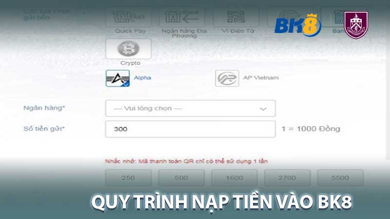 Quy trình nạp tiền vào Bk8